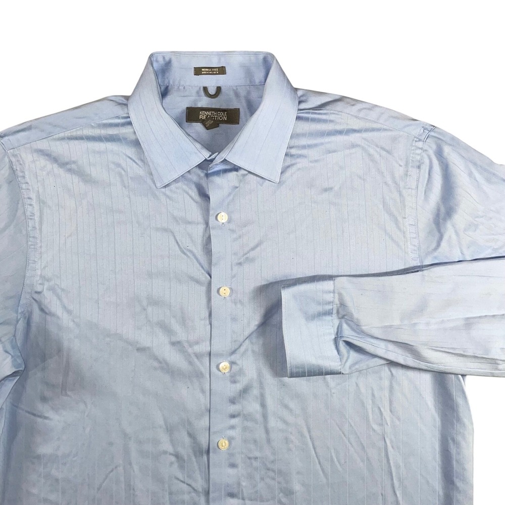 Kenneth Cole Reaction Dress Shirt Men L Blue Wrinkle Free Office Business Casual